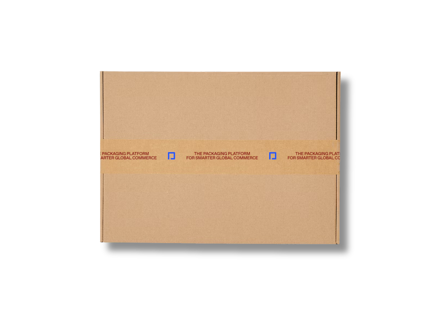 Brown box with kraft tape featuring a red print and a blue logo