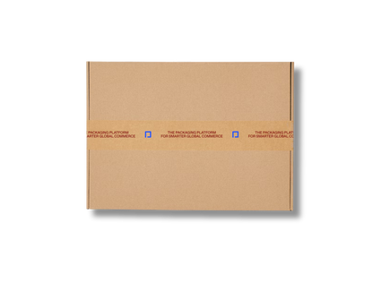 Brown box with kraft tape featuring a red print and a blue logo