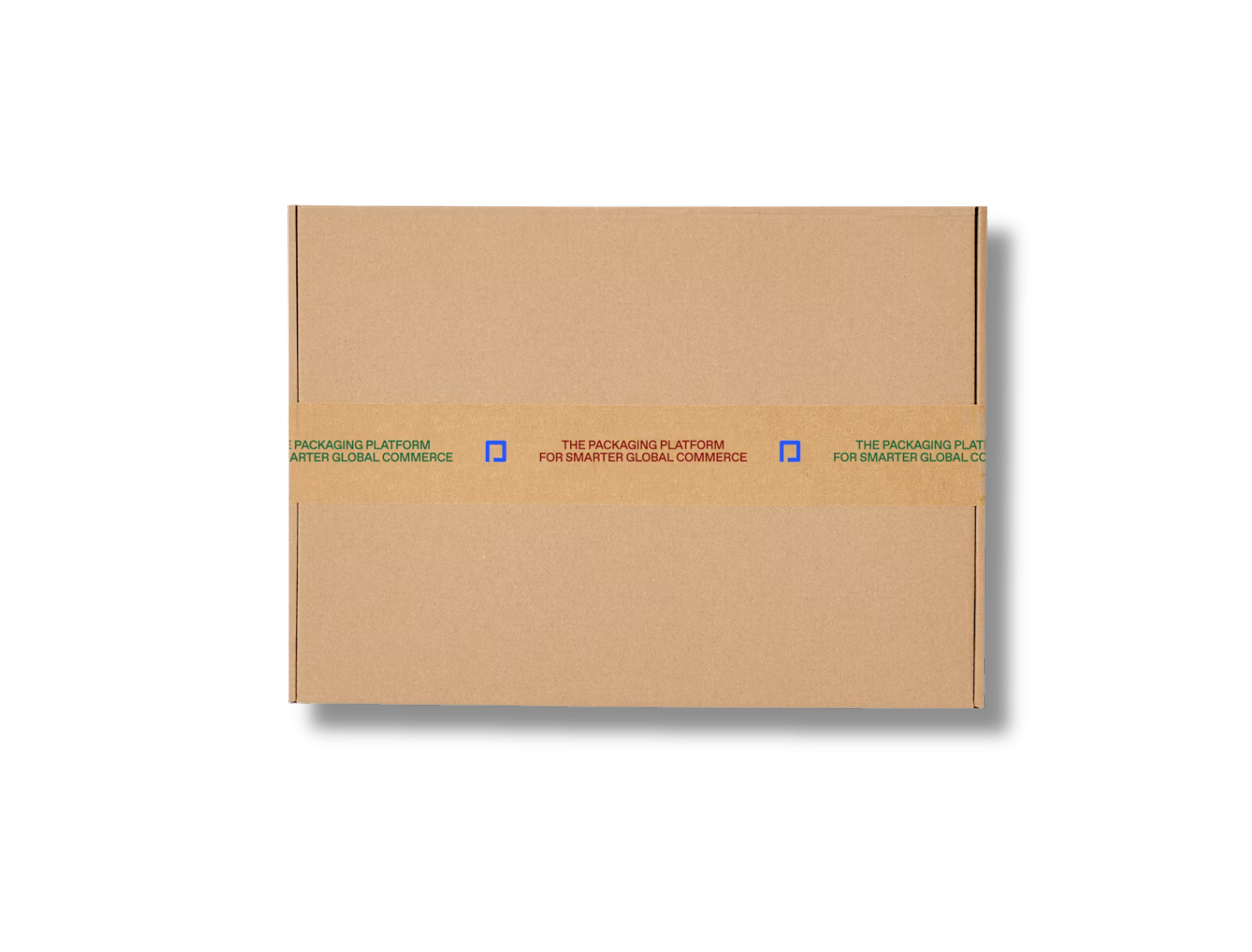 Brown box with kraft tape featuring a print in red, green, and blue