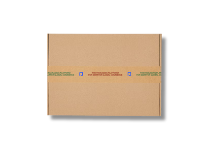 Brown box with kraft tape featuring a print in red, green, and blue