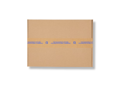 Brown box with kraft tape featuring a blue print and a blue logo